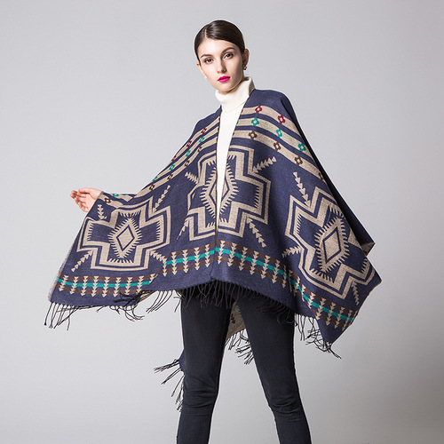 European and American popular cross plum blossom tassel lengthened and thickened imitation cashmere ethnic style travel slit shawl scarf