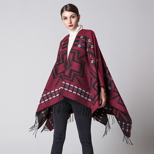 European and American popular cross plum blossom tassel lengthened and thickened imitation cashmere ethnic style travel slit shawl scarf