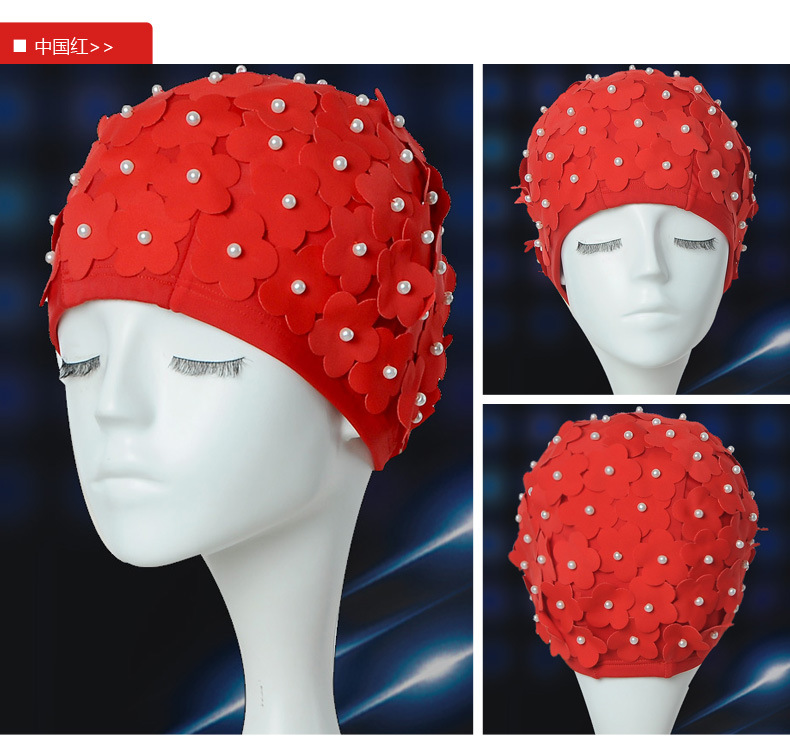 La nueva costura a mano pura perla tridimensional pétalos gorro de natación largo pelo corto caliente primavera mujer gorro de natación fabricantes de Ventas Directas