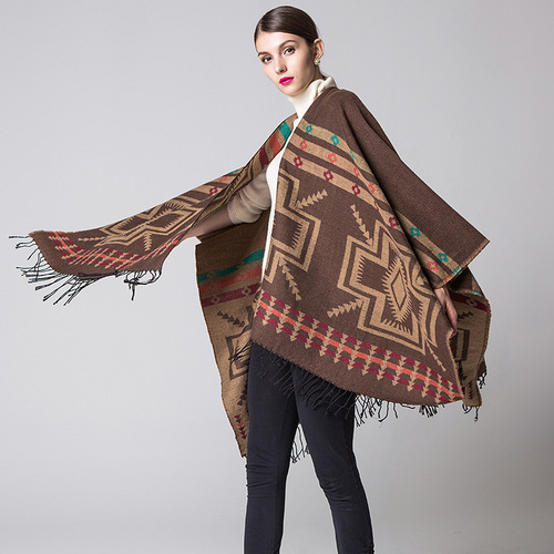 European and American popular cross plum blossom tassel lengthened and thickened imitation cashmere ethnic style travel slit shawl scarf