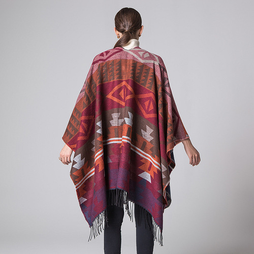 Indian geometric diamond lengthened and thickened imitation cashmere WISH ethnic style travel slit shawl cloak