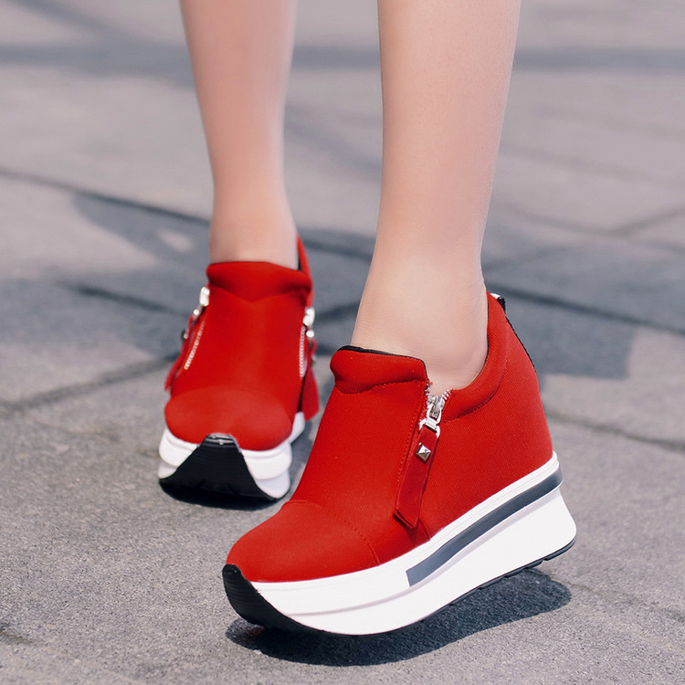 Ebay Wish Aliexpress Thick-Soled Waterproof Canvas High-Heeled Casual Shoes Zipper Export Women's Shoes Manufacturer Wholesale