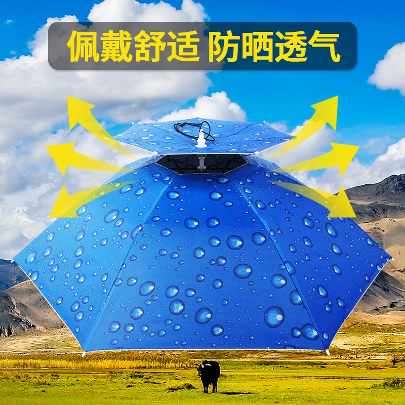 雙層防風防雨釣魚傘帽頭戴式雨傘防曬摺疊頭頂雨傘帽戶外遮陽垂釣