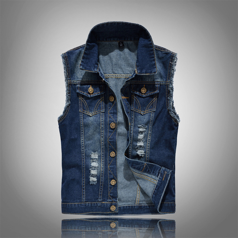 Foreign Trade Locomotive Korean Style Slim-fit Fashion Denim Vest Large Size Vest Blanket Shoulder Ripped Trendy Men's Blue Vest