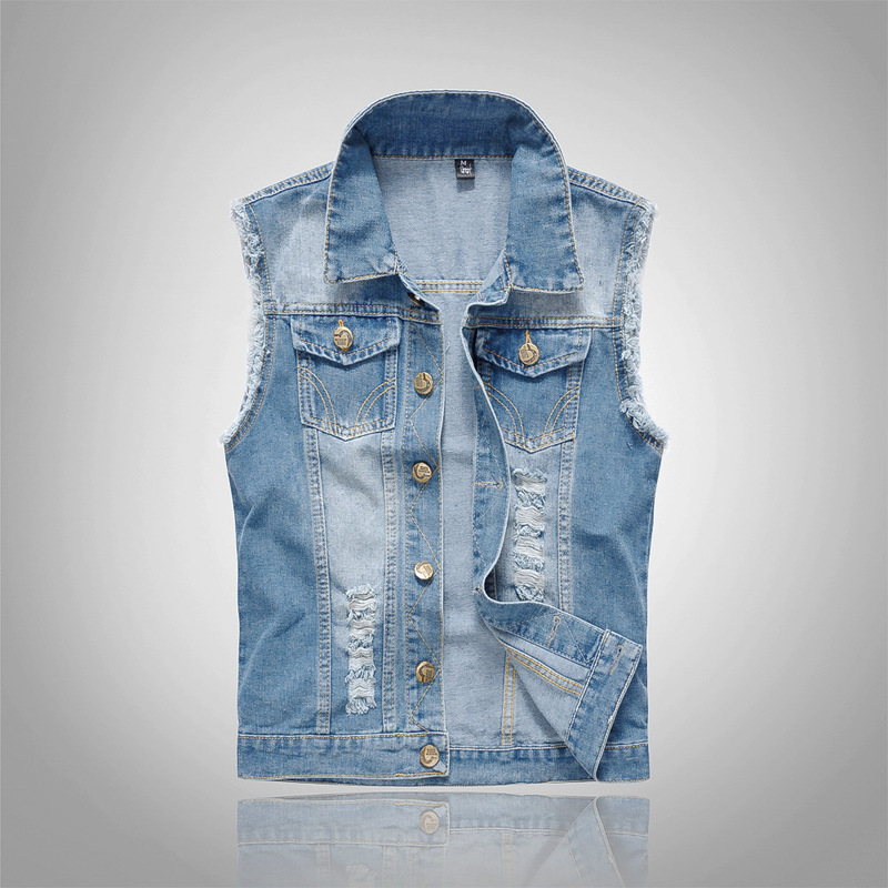 plus size New Korean Style Slim-fit Fashionable Men's Denim Vest Men's light blue Vest Waistcoat Denim Vest with Holes