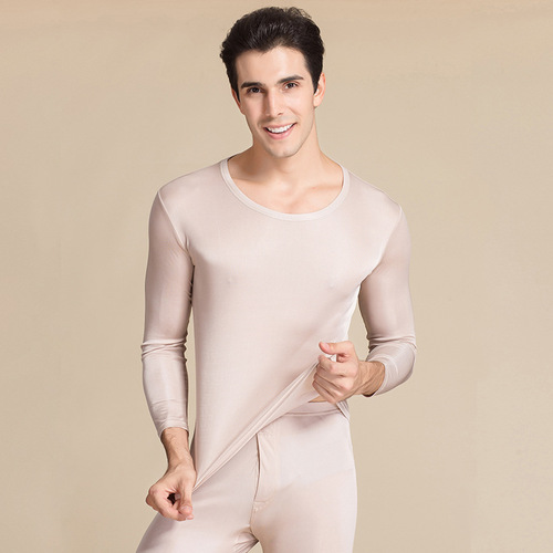 Huaye Silk Thermal Underwear Set Men's Solid Color Large Size Round Neck Mulberry Silk Breathable Bottoming Autumn Clothes and Autumn Pants Wholesale