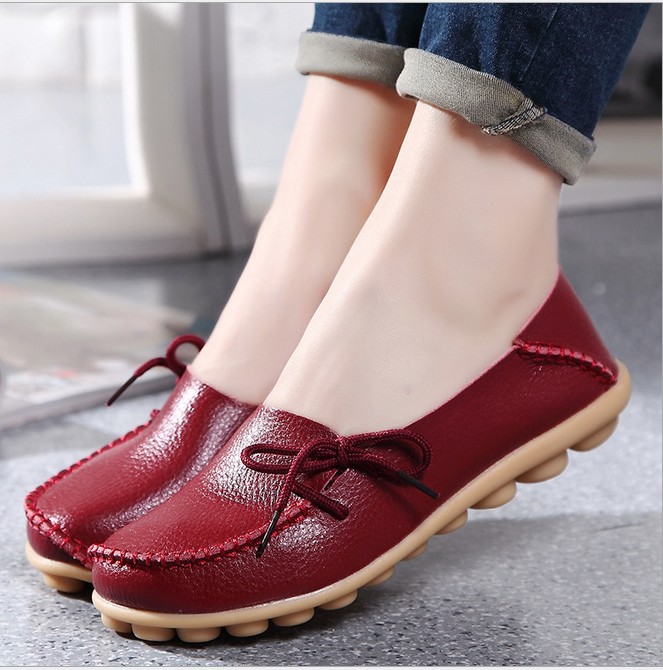 Autumn and Winter Comfortable Large Size Women's Shoes Genuine Leather Mother's Shoes Lazy Shoes Nurse Lace-up Flat Shoes Casual Women's Comfortable Single-layer Shoes