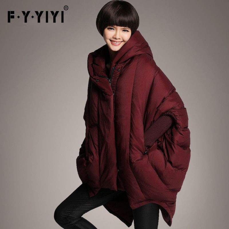Down Jacket Women's new European and American long white duck down loose pocket hooded cape coat a generation of hair