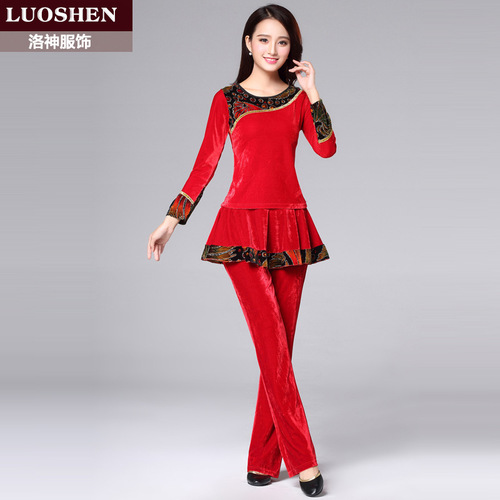 Luoshen autumn and winter new square dance costume suit women's gold velvet thickened long-sleeved top performance dance costume culottes