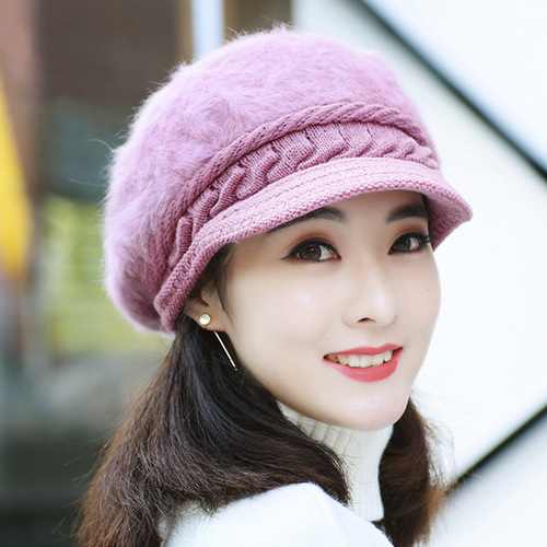帽子女士冬季新款韩版兔毛帽纯色鸭舌帽保暖针织毛线帽毛绒妈妈帽