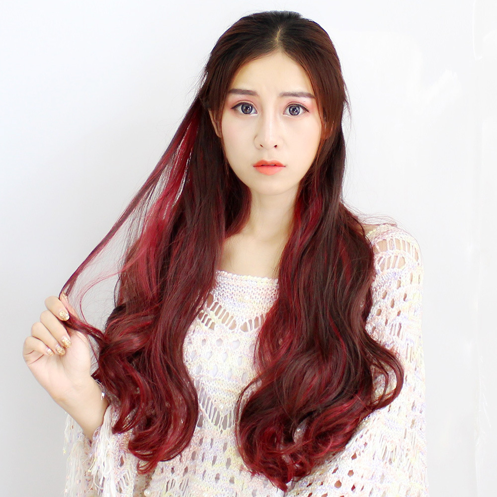 Peluca de las mujeres de pelo largo rizado de una pieza de color degradado rizado pieza de simulación de color Peluca de pelo de dos colores resalte pieza de extensión de cabello