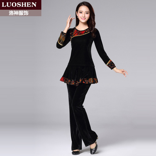 Luoshen autumn and winter new square dance costume suit women's gold velvet thickened long-sleeved top performance dance costume culottes