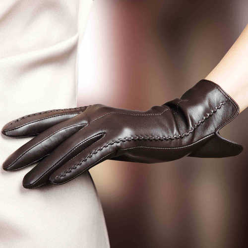 Factory direct sales new autumn and winter imported goatskin warm and windproof simple floral genuine leather touch screen gloves for women