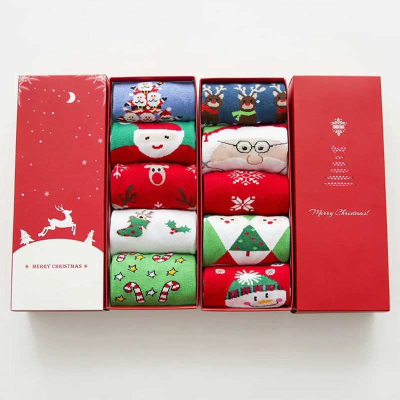 Christmas Socks Men's Socks Women's Socks Couple Socks Cotton Jacquard 5 Pairs Boxed Gift Socks Manufacturer Cross-Border Foreign Trade Holiday