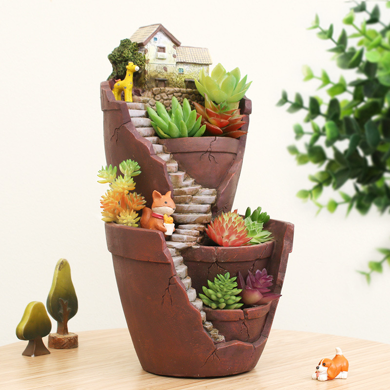 Chậu Cây Resin Chậu cây treo phong cách châu Âu, tiểu cảnh Sky City, chậu cây vintage để bàn (RG-131)