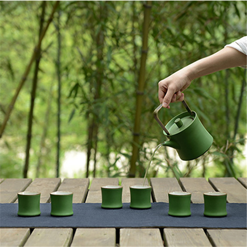Vintage Ceramic Tea Set with Bamboo Design, Including Teapot with Handle, Bamboo Joint Cup, Kung Fu Tea Set, Flower Teapot, 7-Piece Coarse Pottery Set