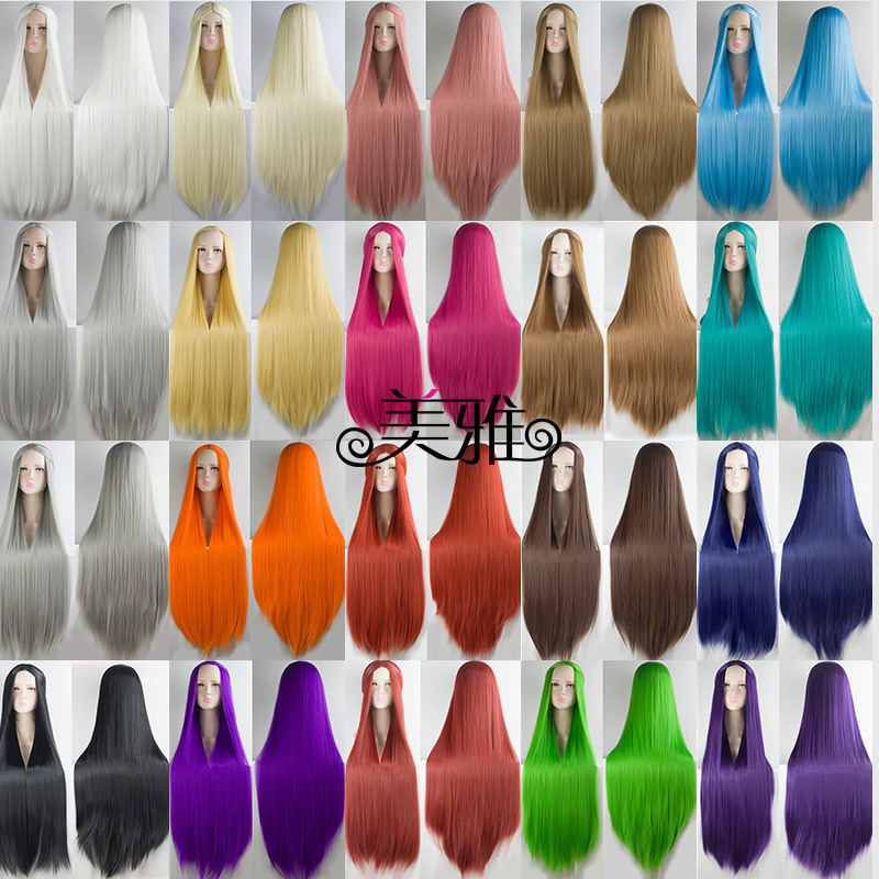 Universal cosplay medium wig long straight hair female 100cm black and white blue green Purple Yellow color animation Universal cosplay medium wig long straight hair female 100cm black and white blue green Purple Yellow color animation