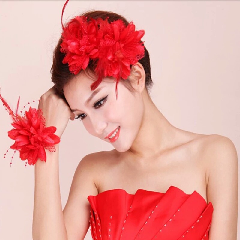 Feather Bride Festive Red Hairpin Headwear Wedding Dance Hair Accessories Headdress Wrist Wrist Wear Flower DIY Head Flower