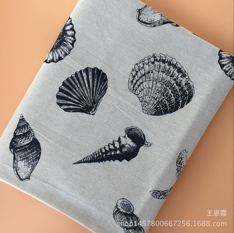 简约贝壳海螺棉麻桌布 地中海洋印花 厂家直销亚麻布料 外贸家纺