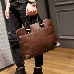 Korean style business casual portable briefcase, fashionable retro PU crazy horse shoulder crossbody computer file bag