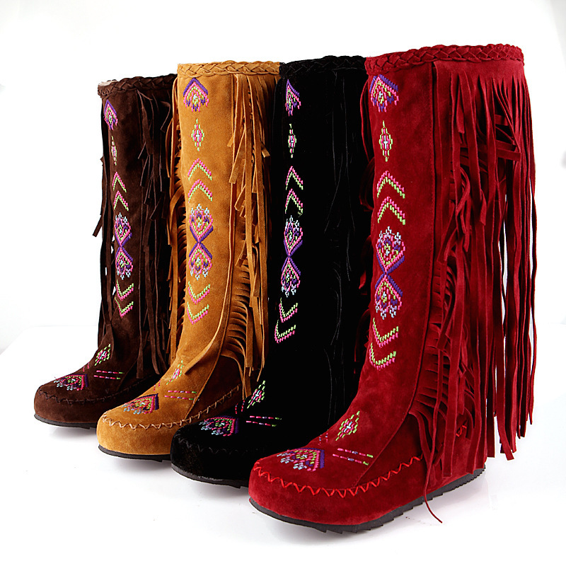 Embroidered tassel boots Matte Velvet High tube low heel casual boots foreign trade boots Amazon wish