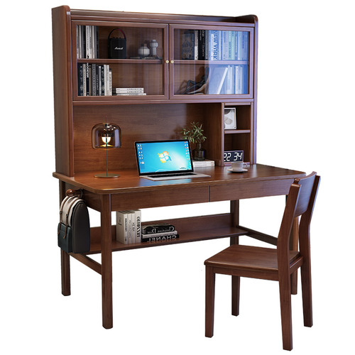 Full solid wood desk, bookshelf, and cabinet integrated set, home office desk, desktop computer desk, bedroom student writing desk