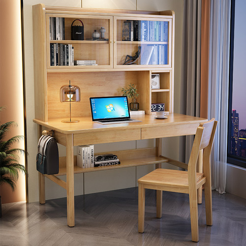 Full solid wood desk, bookshelf, and cabinet integrated set, home office desk, desktop computer desk, bedroom student writing desk