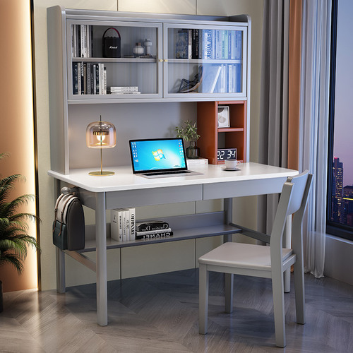 Full solid wood desk, bookshelf, and cabinet integrated set, home office desk, desktop computer desk, bedroom student writing desk