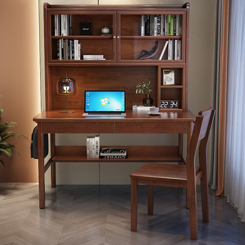 Full solid wood desk, bookshelf, and cabinet integrated set, home office desk, desktop computer desk, bedroom student writing desk