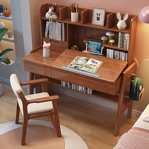 All-solid-wood children's desk and chair set, suitable for primary school students, adjustable height, multi-functional writing desk and study table for home use.