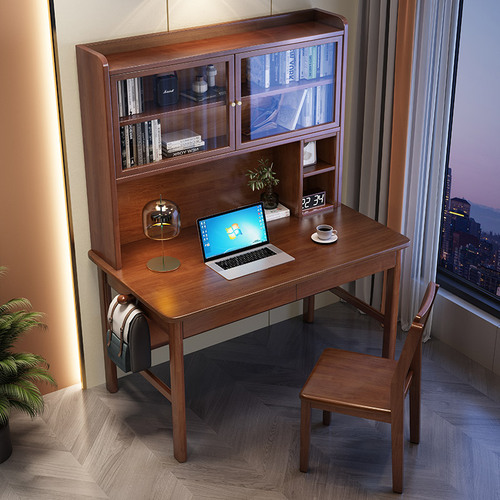 Full solid wood desk, bookshelf, and cabinet integrated set, home office desk, desktop computer desk, bedroom student writing desk