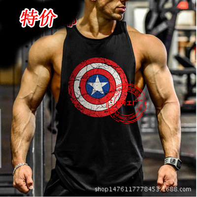 Foreign Trade Fitness Clothing Gym Captain Sports Training Deep Dig Cotton Vest Waistcoat T-shirt for Men