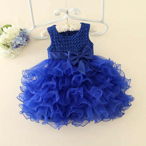 Korean new children's clothing first birthday BB birthday navy blue pom-pom flower children's dress manufacturer wholesale