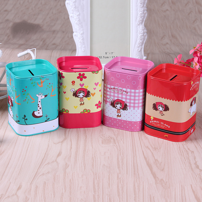 卡通方形学生储蓄罐 儿童小礼物礼品马口铁存钱罐金属铁罐批发