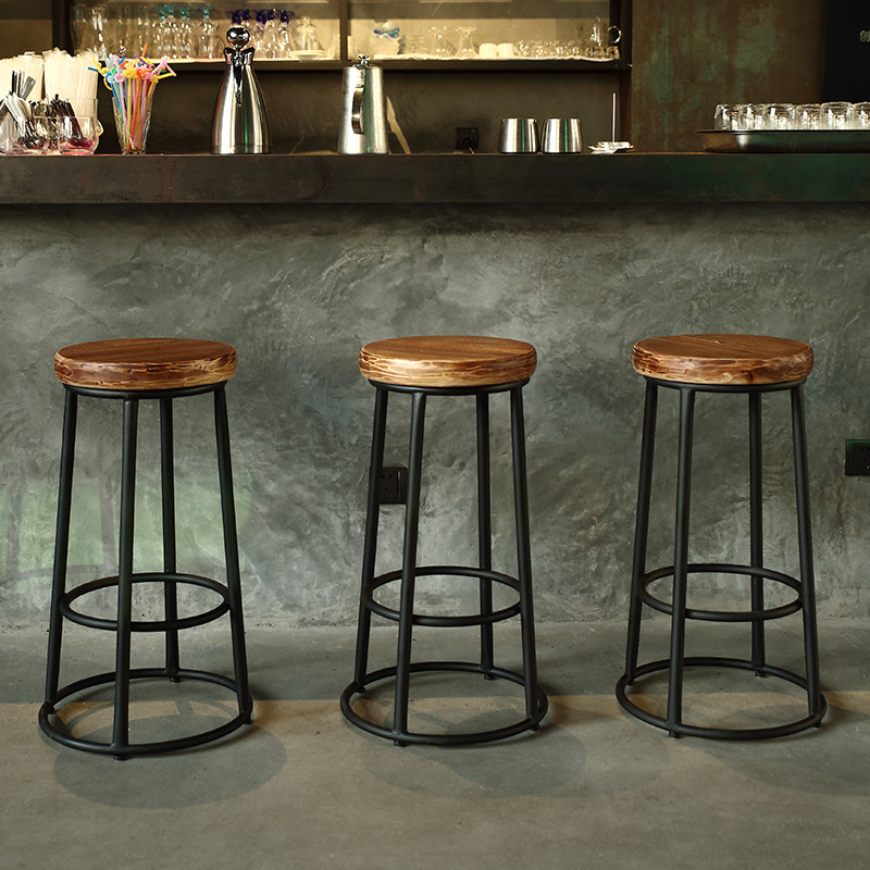 美式实木铁艺吧台椅家用现代简约酒吧凳子高脚吧凳前台吧椅圆凳