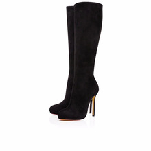 歐美黑色高跟及膝靴冬季女長靴圓頭細跟薄水台女靴women&#39;s boots