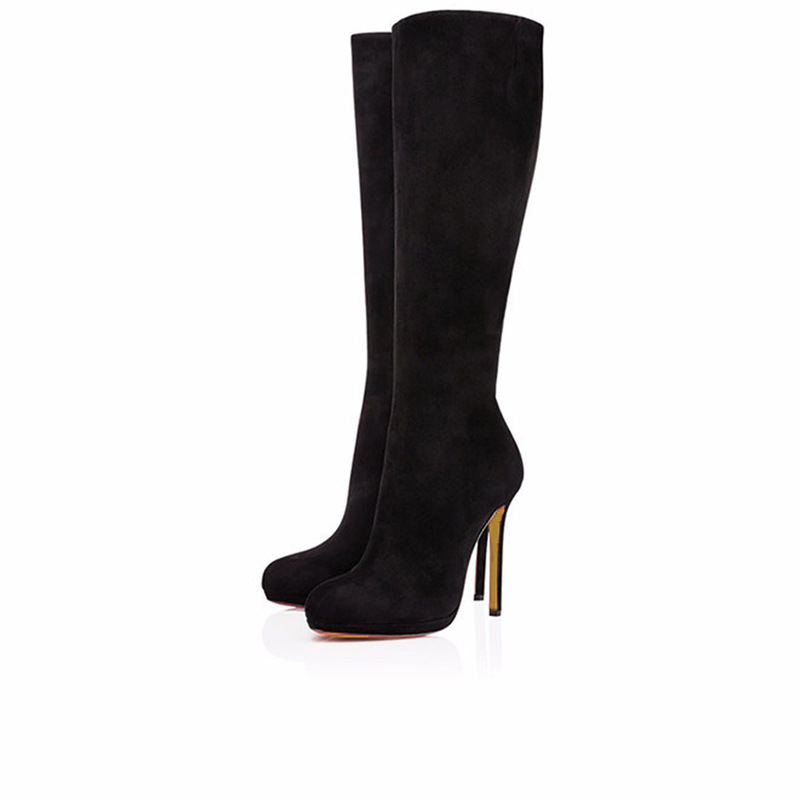 European and American Black High-Heeled Knee-High Boots Winter Women's Boots Round Toe Stiletto Thin Platform Women's Boots Women's Boots
