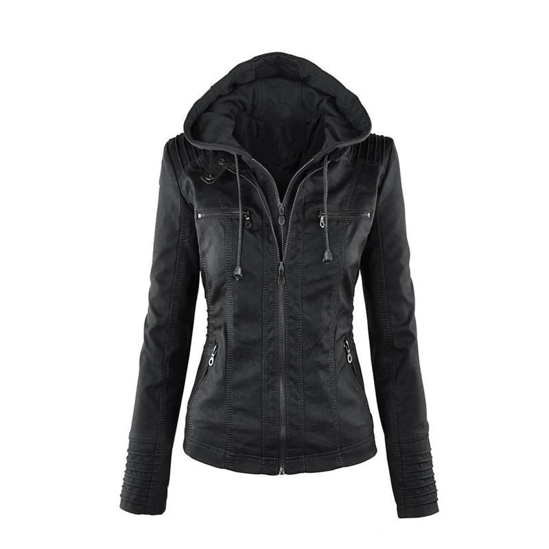 Long-Sleeve Jacket (Amazon) European Style, PU Faux Leather, Hooded Casual Coat