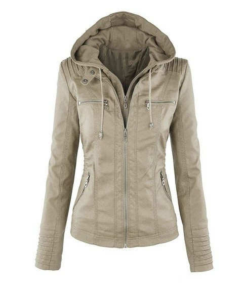 Long-Sleeve Jacket (Amazon) European Style, PU Faux Leather, Hooded Casual Coat