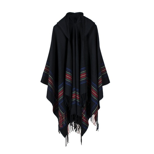 European and American women's thickened colorful striped imitation cashmere jacquard shawl can be worn to keep warm and lengthen the fashionable hooded cloak.