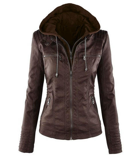 Long-Sleeve Jacket (Amazon) European Style, PU Faux Leather, Hooded Casual Coat
