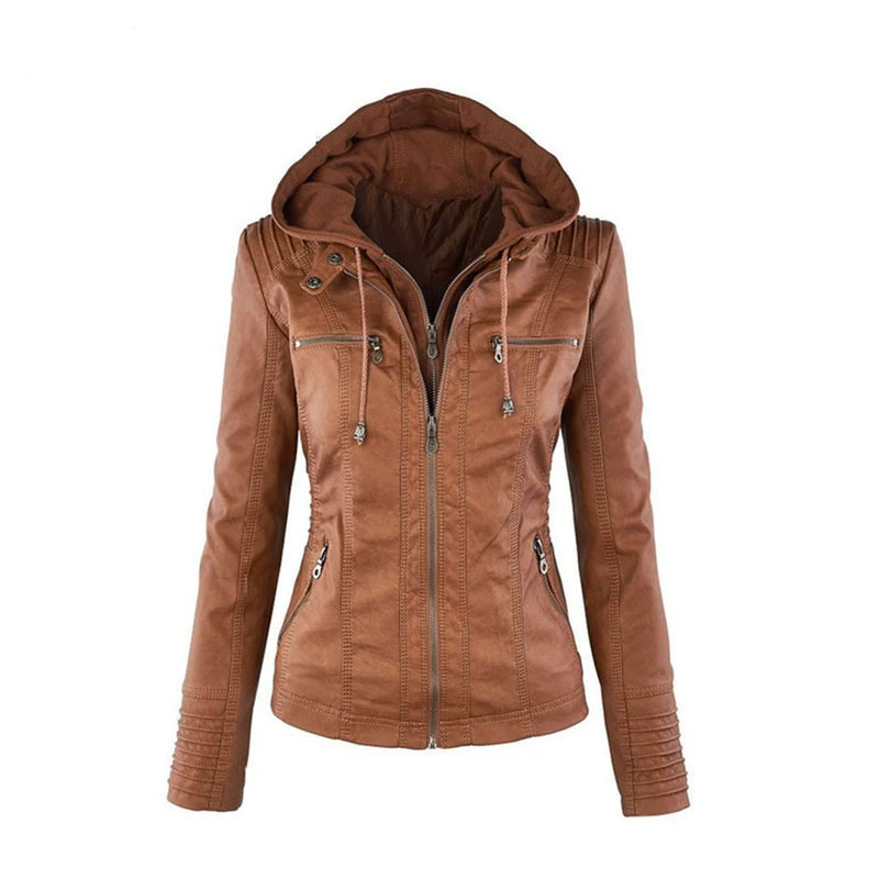 Long-Sleeve Jacket (Amazon) European Style, PU Faux Leather, Hooded Casual Coat
