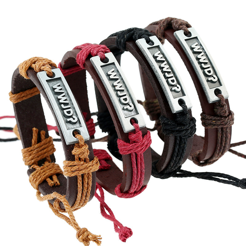Wwjd? European and American Trendy Alloy English Letter Leather Bracelets, Vintage Woven Burlap Rope Jewelry