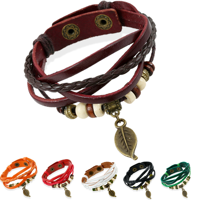Punk New Style Woven Vintage Leaf Pendant Cowhide Bracelet Strap Student Jewelry Korean Style Distinctive Leather Bracelet