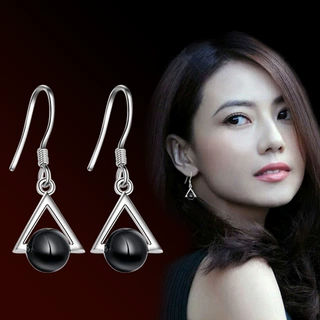 抖音快手韩版三角形黑玛瑙耳环女神范儿镀银耳坠个性淑女耳饰品