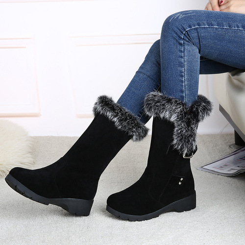 Winter Rabbit Hair Student Cotton Boots with Platform Snow Boots for Women, Belt Buckle Mid-Calf Boots, Large Size