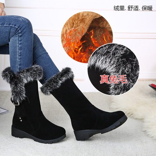 Winter Rabbit Hair Student Cotton Boots with Platform Snow Boots for Women, Belt Buckle Mid-Calf Boots, Large Size