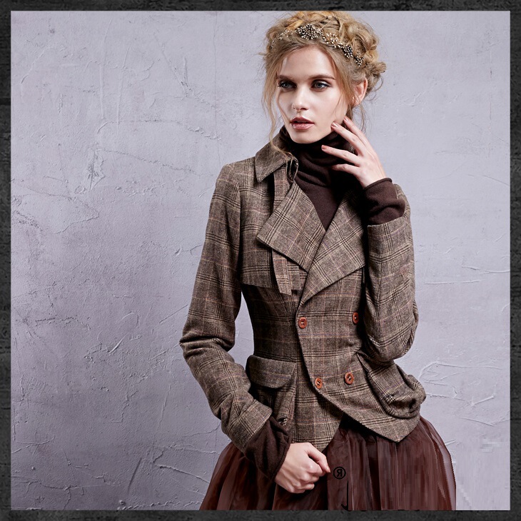 Autumn and Winter Wear Retro Knight Style Lapel Slim Slim-fit Handsome Double-breasted Plaid Short Jacket for Women
