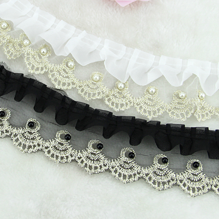 7cm黑白两色雪纺蕾丝订珠花边 diy手工衣服 包包装饰材料1码价
