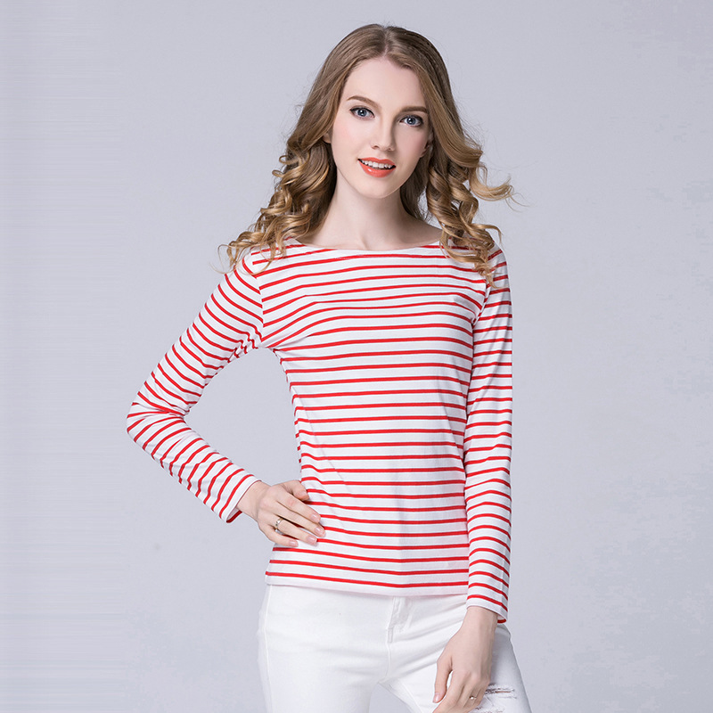 2026 European and American Spring and Autumn Black and White Striped Long-Sleeve T-Shirt for Women, Slim Fit Off-Shoulder Top Wholesale 2026 European and American Spring and Autumn Black and White Striped Long-Sleeve T-Shirt for Women, Slim Fit Off-Shoulder Top Wholesale